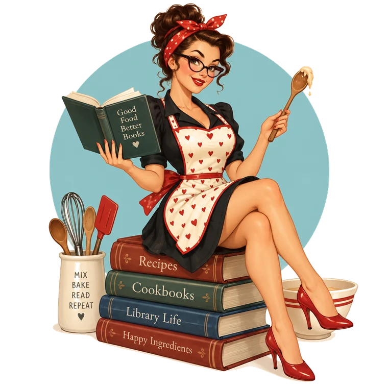 A pinup librarian in a heart-print apron and cat-eye glasses, sitting on a stack of cookbooks with a wooden spoon in one hand and a book in the other.